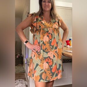 SHEIN Orange and Green Leaf Print Midi Dress